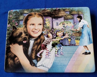 May include: A ceramic plate featuring a colorful illustration of Dorothy from the Wizard of Oz, holding her dog Toto, with a background of the yellow brick road and the Munchkinland houses.