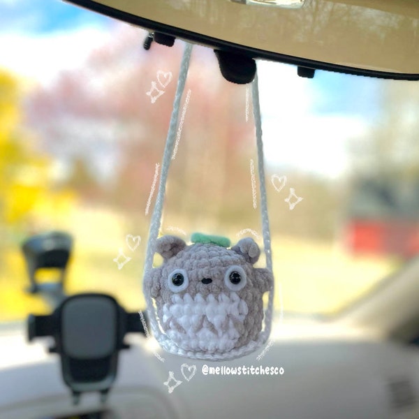 MellowStitchesCo Totoro on a Swing Crochet Plush | Studio Ghibli Car Accessories | Totoro Plushie | Handmade Totoro Toy