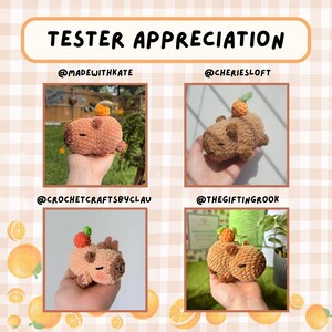May include: A collage of four crochet capybaras, each with a small carrot on its head. The text "TESTER APPRECIATION" is at the top. The capybaras are in shades of brown and tan, with black eyes. The background is a light orange and white checkered pattern.