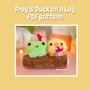 May include: A green frog and a yellow duck wearing mushroom hats sit on a brown log. The frog and duck are plush toys. The image includes the text "@mellowstitchesco".