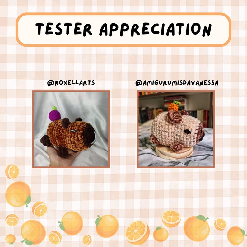 May include: An image with the text "TESTER APPRECIATION" in a banner. Two crocheted animal figures are displayed, one brown and one beige, with the creators' usernames below. The background has a checkered pattern with orange fruit illustrations.