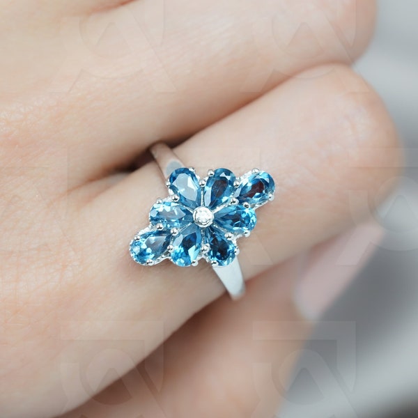 Unique London Blue Topaz cluster Ring / Art Deco London Blue Topaz Ring / Pear Cut London Blue Topaz Engagement Ring / Wedding Ring Band