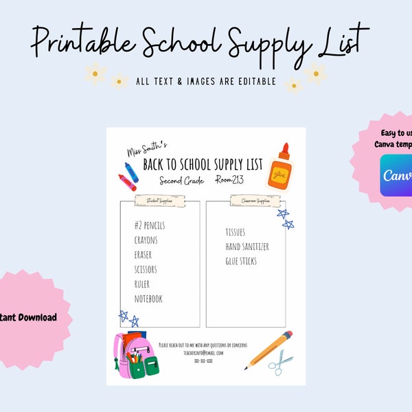 Editable School Supply List | Canva Template Digital Download | Printable Teacher School Supply List