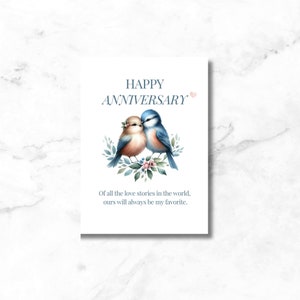 Biglietto di anniversario - Design stampabile di uccellini innamorati, modificabile in Canva, citazione romantica e spazio vuoto per messaggio personale