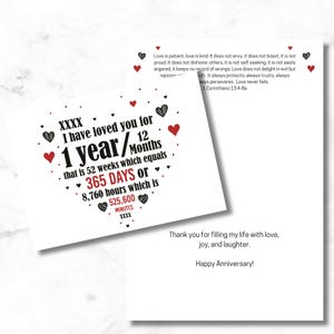 Modello stampabile per biglietto di auguri per il primo anniversario / Messaggio personalizzato e versetti della Bibbia / Felice anniversario, primo anno