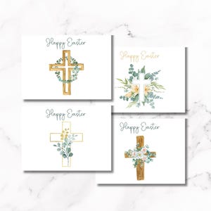 Juego de tarjetas de Pascua: 4 plantillas religiosas imprimibles con diseños de cruces personalizados y versículos bíblicos para una celebración espiritual.