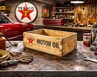 Vintage-Style Texaco Motor Oil Collectible Crate – Handmade Wooden Display Box