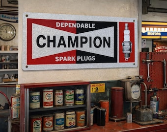 Vintage Champion Spark Plugs Enamel Sign: Automotive Garage Decor