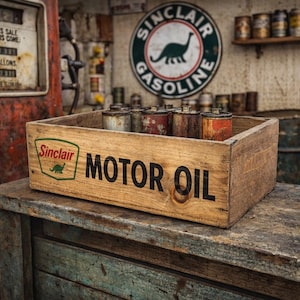 May include: A rectangular wooden crate featuring the Sinclair logo and the text MOTOR OIL in black lettering. The crate contains several weathered metal oil cans, showcasing a vintage aesthetic with visible wood grain and aged metal textures.