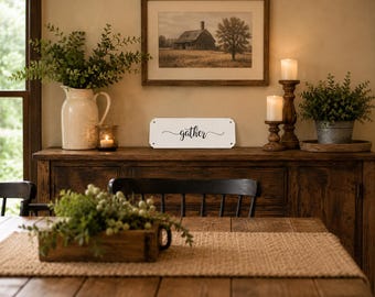 Gather Metal Sign – White Steel Wall Decor with Black Cursive Lettering – Farmhouse Home Accent