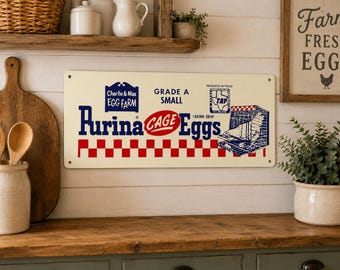 Vintage Chicken Sign, Farmhouse Kitchen Decor, Cage Eggs Reproduction, Handmade USA Metal Wall Sign