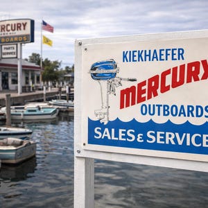 Vintage Retro Mercury Outboards Sales & Service Sign – 8x12 Aluminum – Aged Rustic Finish