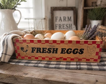 Handmade Fresh Eggs Wooden Crate | Farmhouse Chicken Coop Decor Basket