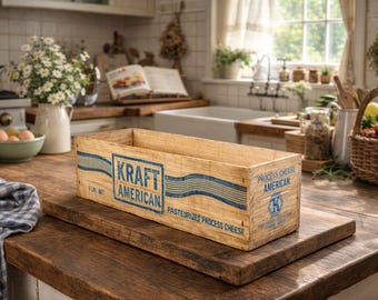 Kraft American Wooden Cheese Box 5 lb – Vintage Reproduction Crate, Farmhouse Kitchen Decor