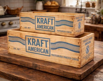 Vintage Kraft American Cheese Wooden Crates Set, Farmhouse Kitchen Storage Rustic Decor