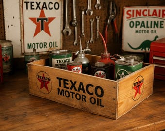Large Texaco Crate | Vintage Motor Oil Storage Box | Handmade Garage Decor Gift