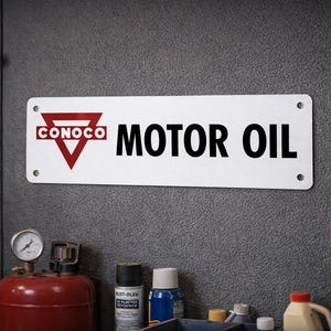 Handmade Conoco Motor Oil Sign: Rustic Garage Decor