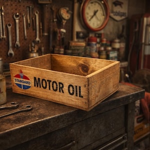 Handmade Standard Motor Oil Wooden Crate: Rustic Vintage Storage Box
