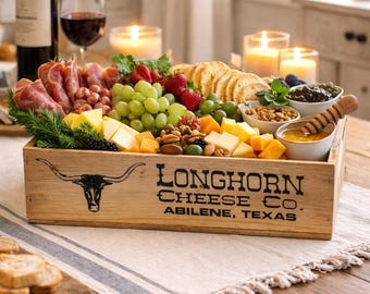 Longhorn Cheese Co. Wooden Crate, Rustic Farmhouse Kitchen Decor, Texas Charcuterie Box