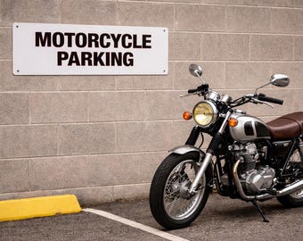 Motorcycle Parking Metal Sign, Vintage Biker Garage Decor, Steel Wall Art