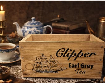 Clipper Earl Grey Tea Wooden Crate, Rustic Farmhouse Storage Box