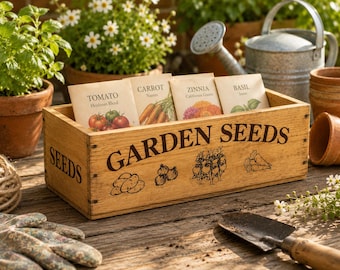 Garden Storage Box, Wooden Seed Organizer, Gift for Gardener, Rustic Farmhouse Decor, Handmade USA