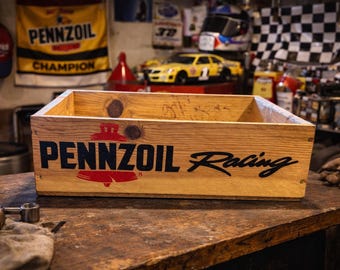 Vintage-Style Pennzoil Racing Collectible Crate – Handmade Wooden Display Box