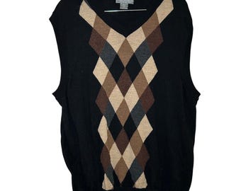 Vintage Mens XL Black Argyle V Neck Sweater Vest Merino Wool academia grandpa