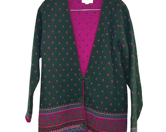 Cardigan de lã vintage Pendleton Sophisticates Floral Verde Rosa Pequeno Inverno dos anos 90