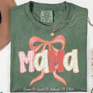 Personalized Christmas Mama Shirt, Custom Kids Names Tee, Comfort Colors Holiday Mom Shirt, Festive Bow Mama Gift, Cozy Christmas Gift Mom
