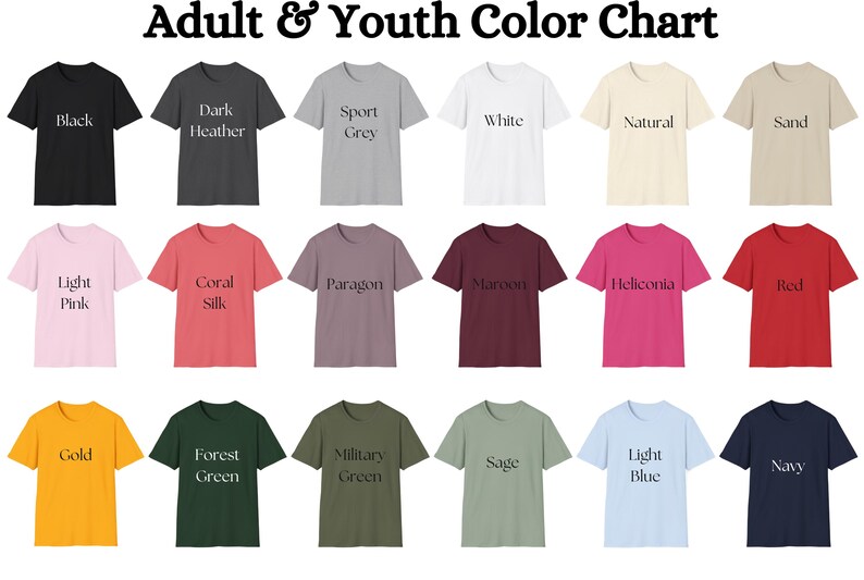 Pu&ograve; includere: Tabella colori che mostra 18 diversi colori di magliette, tra cui nero, bianco, rosso, blu, verde e altro ancora. La tabella &egrave; etichettata "Adult & Youth Color Chart".