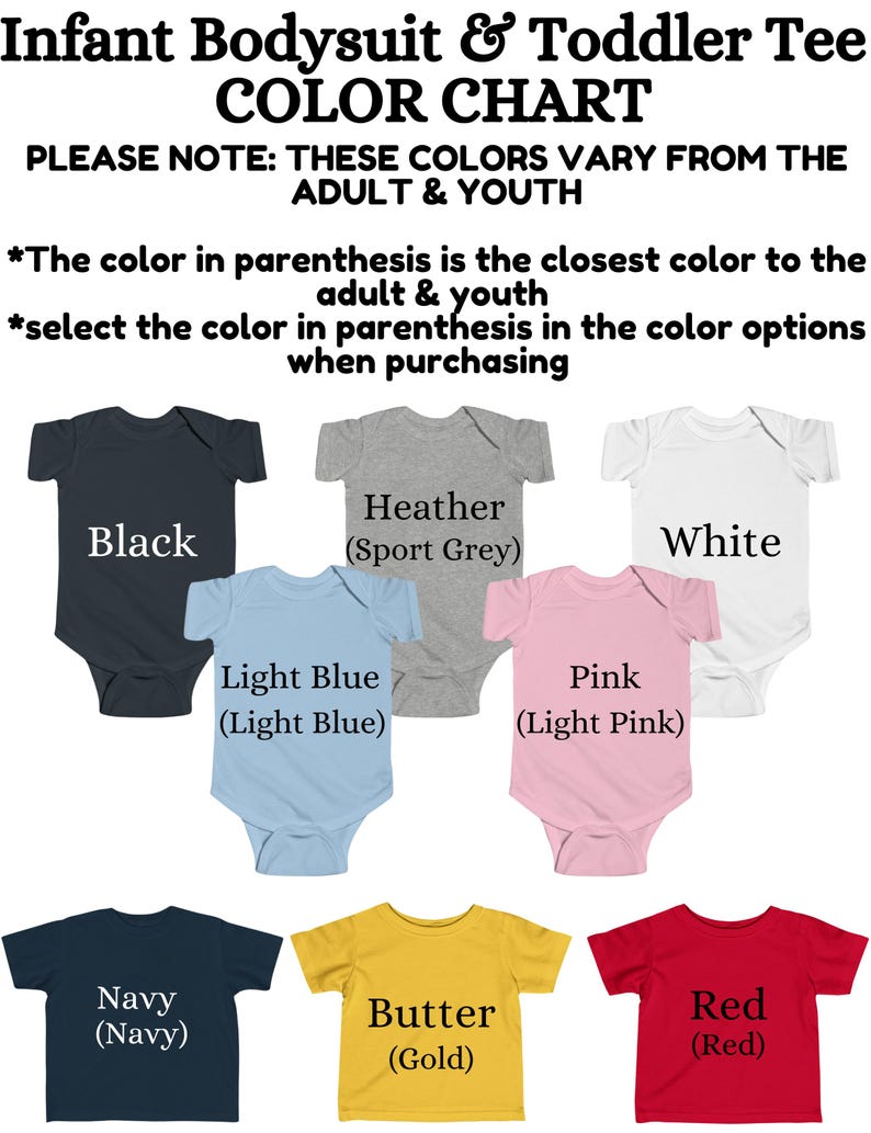 Pu&ograve; includere: Tabella colori per body per neonati e magliette per bambini piccoli. La tabella mostra 10 colori diversi con i loro equivalenti di colore adulto e giovanile pi&ugrave; vicini tra parentesi. I colori includono nero, grigio melange (grigio sportivo), bianco, azzurro (azzurro chiaro), rosa (rosa chiaro), blu navy (blu navy), burro (oro) e rosso (rosso).