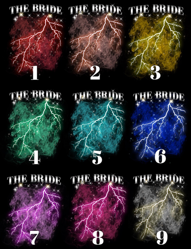 Pu&ograve; includere: Nove diversi design del testo "The Bride" con una grafica di fulmine. Ogni design presenta una diversa combinazione di colori, tra cui rosso, rosa, blu, verde e giallo.