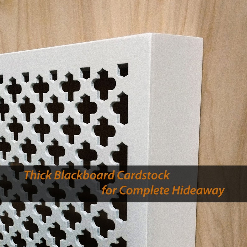 May include: White decorative vent cover with a geometric pattern. The cover is made of thick cardstock for complete hideaway.