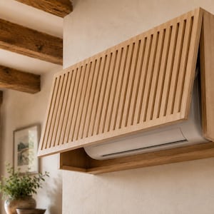May include: A wooden air conditioning unit cover, featuring a slatted front design, mounted on a beige wall. The cover is made of light-coloured wood and has a hinged section that is partially open, revealing the air conditioning unit.