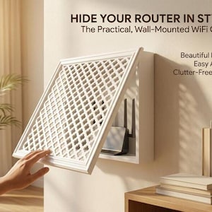 Könnte beinhalten: Eine weiße, wandmontierte WLAN-Router-Abdeckung mit einer aufklappbaren Frontplatte in Gitteroptik. Der Text lautet: HIDE YOUR ROUTER IN STYLE. The Practical, Wall-Mounted WiFi Cover. Beautiful Design. Easy Access. Clutter-Free Living.