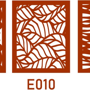 May include: Three different decorative screen designs with a white background and brown cutouts. The designs are labelled E008, E010, and E011.