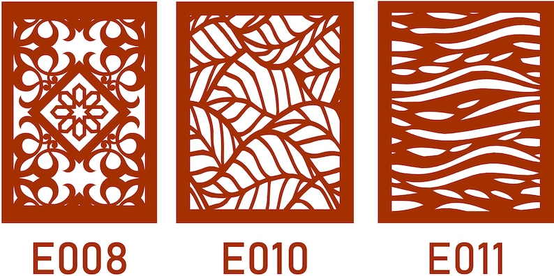 May include: Three different decorative screen designs with a white background and brown cutouts. The designs are labelled E008, E010, and E011.