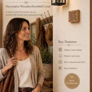 May include: A decorative wooden doorbell cover with an elegant cutout design and a warm natural wood finish. The doorbell cover has a modern rustic style and is easy to install.