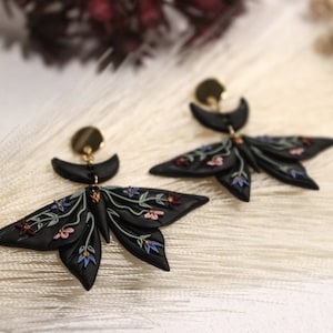 Gothic Moth Earrings | Handmade Polymer Clay Earrings | Ethnic Flowers Design | Gold Plated Stainless Steel | Butterfly Floral Earrings