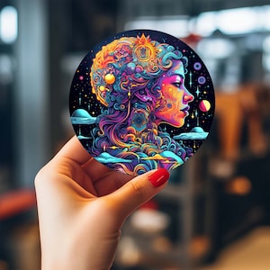 Naklejka z twarzą kobiety duchowej - sztuka psychodeliczna, odlotowy prezent dla najlepszego przyjaciela - laptop, książka, butelka, kolekcja wodoodpornych naklejek na samochód