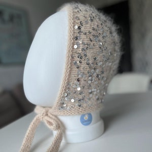 Hand-Knitted Angora Sequin Bow Tie Bonnet for Adults | Winter Spring Elegance in Silver, Ivory, Pink Gold or Dark Chocolate