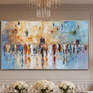 May include: A large rectangular oil painting featuring an abstract impressionist scene of a crowd of people standing before a textured stone wall. The artwork uses a palette of warm gold, ochre, and cool blue tones with thick, visible brushstrokes.
