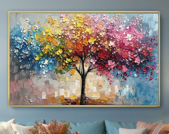 Arbre coloré original peinture à l'huile sur toile grande oeuvre d'art mural, art mural texture abstraite peinture personnalisée salon moderne décoration d'intérieur cadeau