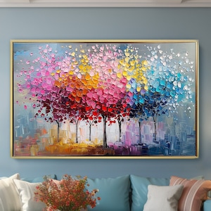 Original Colored Trees Oil Painting on Canvas, Large Wall Art Abstract Forest Wall Art Custom Painting Modern Living Room Home Decor Gift