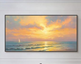 Pastel Sunset Ocean Painting, Serene Seascape Canvas Wall Art, Coastal Beach House Decor