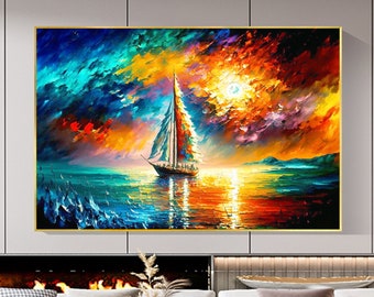 Peinture nautique colorée originale sur toile, art mural, peinture abstraite de paysage marin, décoration murale moderne dans le salon, très grande peinture à l'huile