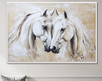 キャンバスに描かれた抽象的な白い馬の油絵、大きな壁アート