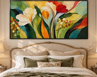 Orange Wildflower Painting, Textured Floral Wall Art, Sage Green Botanical Canvas, Modern Home Decor