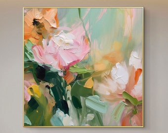 Original Peony Oil Painting on Canvas, Abstract Pink Floral Wall Art